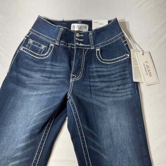 Womens Y Jeans Los Angeles Bootcut Denim Pants Size 5/6 Dark Wash Stretch Embroi - Picture 4 of 10